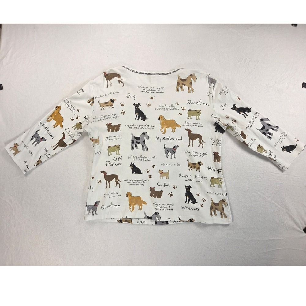 Jess & Jane White Dog Print Pet Lover 3/4 Pull over cotton t-shirt Women Large - Picture 2 of 7